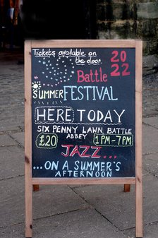 Hoarding, Battle Jazz Weekend, Battle, East Sussex, 24 July 2022. Creator: Brian O'Connor.