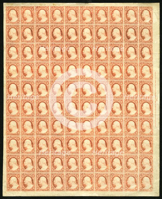 3c Washington imperforate pane of one hundred, 1851. Creator: Unknown.