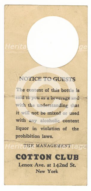 Bottle tag from the Cotton Club, 1923-1933. Creator: Unknown.