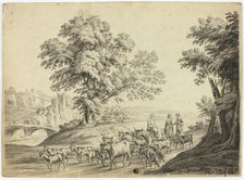Italianate Landscape with Man and Two Women Herding Cattle, Goats and Sheep, n.d. Creator: Unknown.