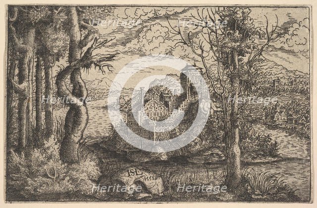 View on a River, with a Castle on an Island, 1553. Creator: Hans Sebald Lautensack.