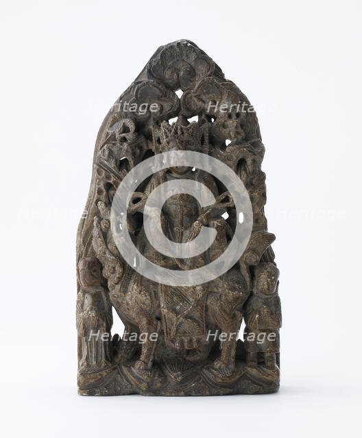 Small soapstone tablet, with pierced relief of Manjusri on lion, Period of Division, dated 543. Creator: Unknown.