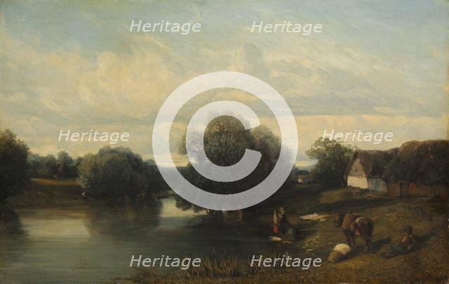 Cottage by the River with Washerwomen, 1835. Creator: Camille Flers (French, 1802-1868).