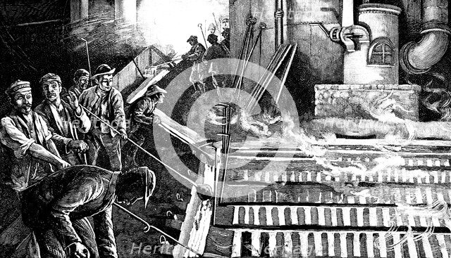 Tapping a blast furnace and casting iron into pigs, c1900. Artist: Anon