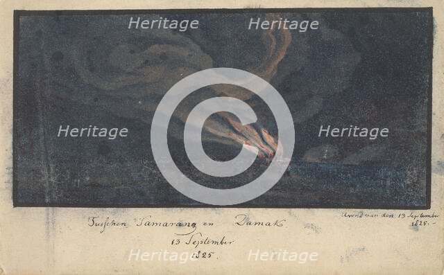 Fire in a landscape in Central Java, 1825, (1825).  Creator: Anon.