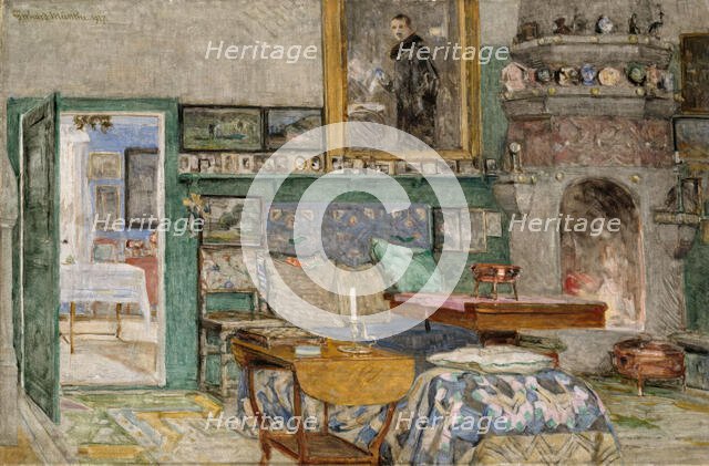 The fireplace room from the artist's home Leveld in Lysaker , 1917. Creator: Gerhard Munthe.