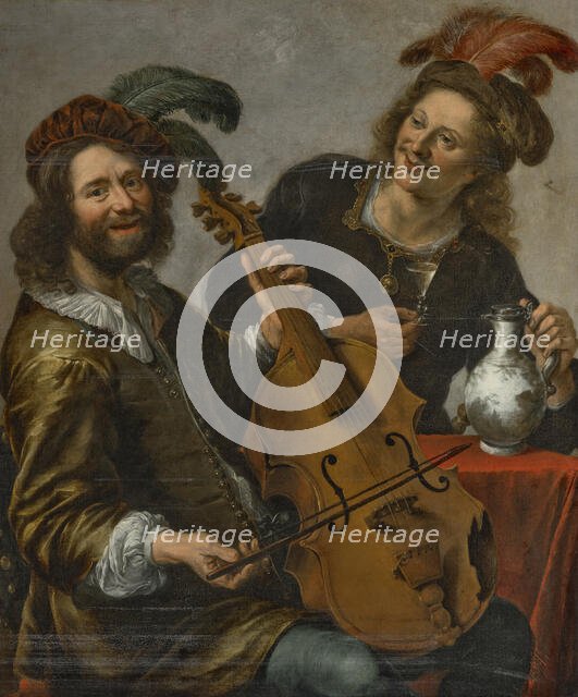 Viola da gamba player being offered a glass of wine by a young man. Creator: Stangerus, Cornelis (1616-1667).