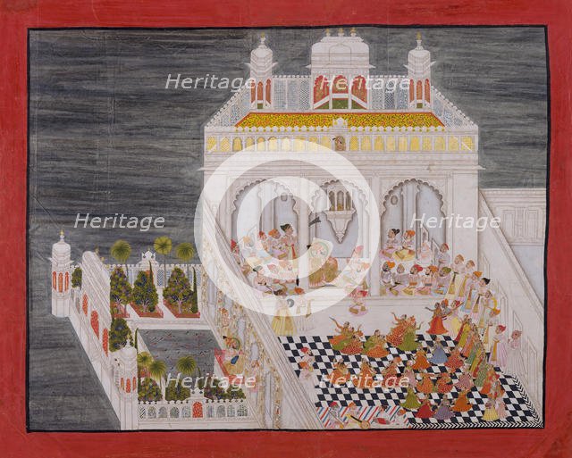Maharana Ari Singh with His Courtiers Being Entertained at the Jagniwas Water Palace, dated 1767. Creator: Bhima.