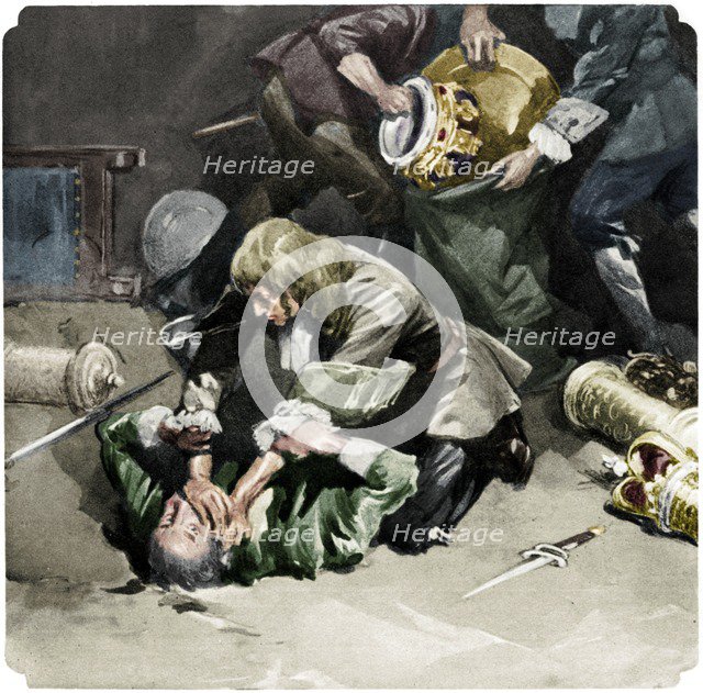 Thomas Blood attempting to steal the Crown Jewels from the Tower of London in 1671, (1937). Artist: Unknown.