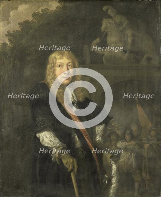 Portrait of an officer of the Leiden civic guard in front of the gate of the headquarters of the St. Creator: Domenicus van Tol.