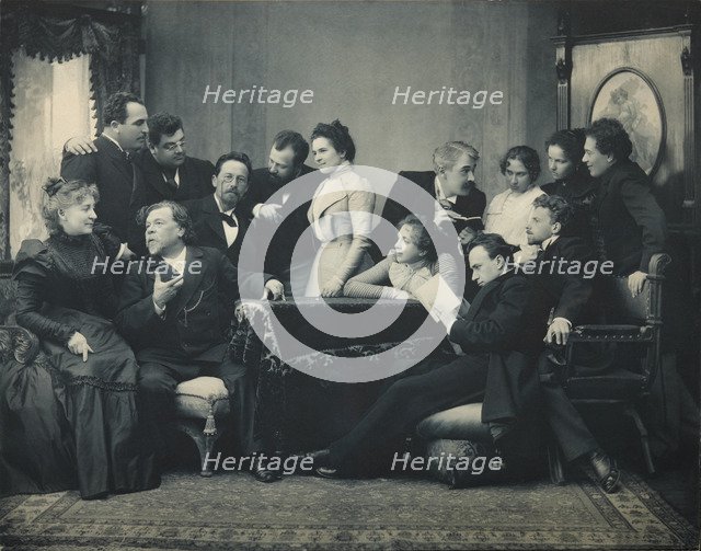 Anton Chekhov between actors of the play The Seagull, 1899. Artist: Pavlov, Pyotr Petrovich (1860-1925)