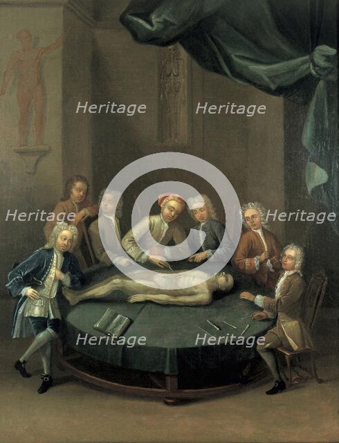 William Cheselden giving an anatomical demonstration to six spectators in the anatomy...1730s. Creator: Unknown.