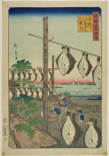 Strung-up Flounder, Wakasa Province (Wakasa karei o sasu) from the series "One Hundred Fam..., 1859. Creator: Utagawa Hiroshige II.