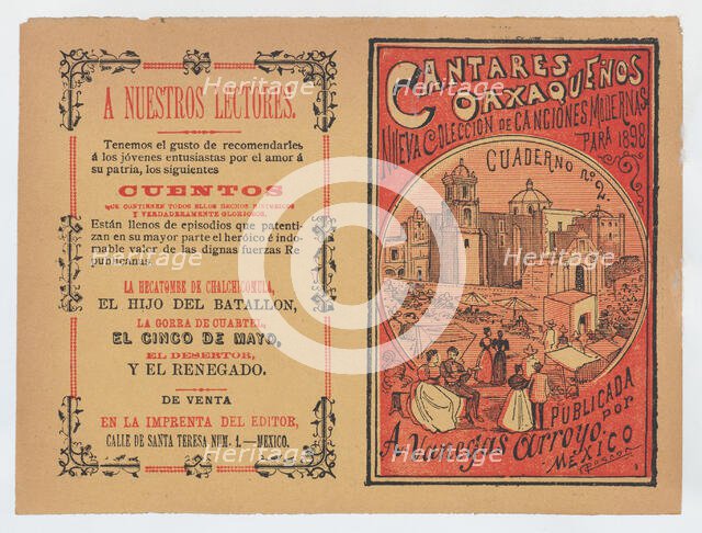 Cover for 'Cantares Oaxaqueños: Nueva Coleccion de Canciones Modernas para 1898', coup..., ca. 1898. Creator: José Guadalupe Posada.