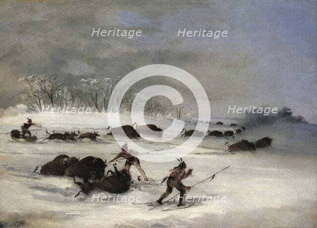 Sioux Indians on Snowshoes Lancing Buffalo, 1846-1848. Creator: George Catlin.