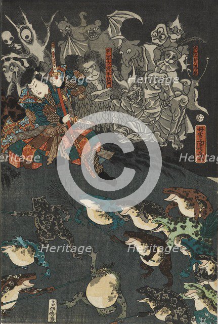 Nikushi the Frog Spirit Conjures up a Magical Battle of Frogs at Tateyama in Etchu Province, 1864. Artist: Utagawa Yoshitora.