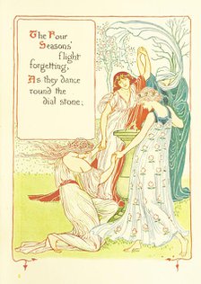 The Four Seasons' flight forgetting, As they dance round the dial stone, 1899.  Creator: Walter Crane.