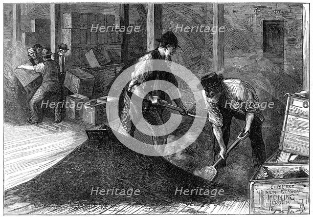 Bulking tea at a tea warehouse, 1874. Artist: Unknown