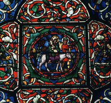 Stained glass depiction of the holy family fleeing to Egypt, 12th century. Artist: Unknown