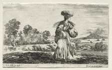 Various Figures and Landscapes: Peasant Woman Carrying a Basket on her Head, 1649. Creator: Stefano Della Bella (Italian, 1610-1664).