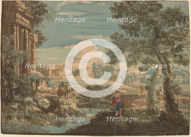 Heroic Landscape with Fisherman, Cows, and Horsemen, 1744. Creator: John Baptist Jackson.