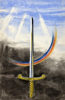A sword pointing vertically upwards, on a section of rainbow, between 1939 and 1946. Creators: Unknown, Central Office of Information.