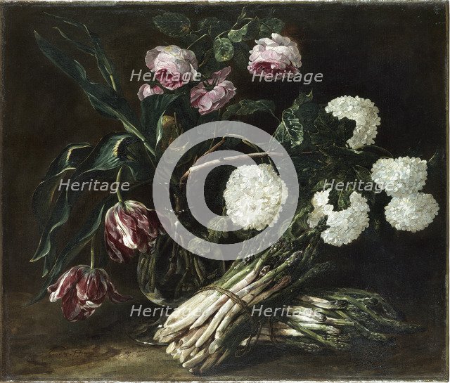 Vase of Flowers and two Bunch of Asparagus, c. 1650.