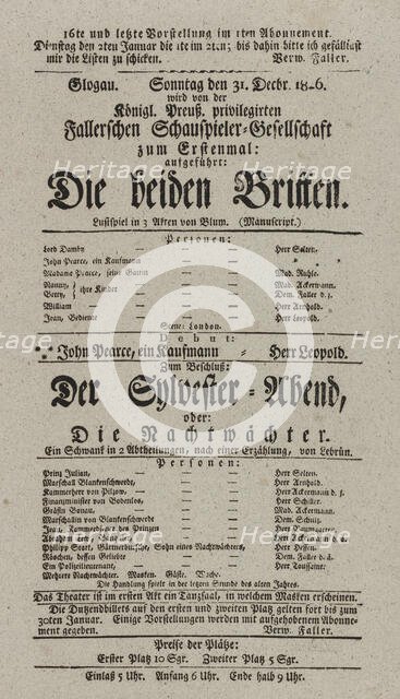 Theater playbill for "Die beiden Britten" and "Der Sylvester-Abend, oder Die Nachtwächter..., 1826. Creators: Carl Blum, Merville.