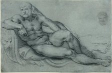 Study of Hercules Resting, with Separate Studies of His Head and Foot (recto); Rectangul..., 1595/97 Creator: Annibale Carracci.