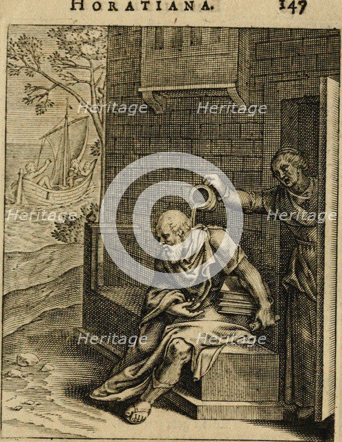 Xanthippe emptying a chamber pot over Socrates. (From Emblemata Horatiana), 1607. Artist: Veen, Otto van (1556-1629)