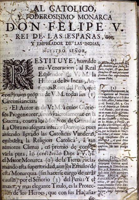 First page of the book 'Comentarios Reales' (Royal Commentaries), edition of 1723 with a dedicato…