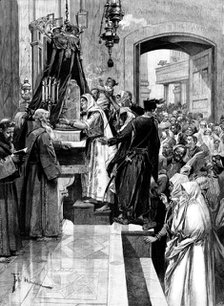 Holy Thursday at the Holy Sepulchre: kissing the column at which Christ was flagellated, 1895. Creator: P Naumann.