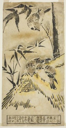 Sparrows, Thatched Roof, and Bamboo, c. 1720/25. Creator: Okumura Masanobu.