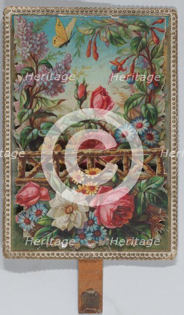 Valentine - Mechanical floral scene - a man on a horse offers a woman a rose - symbol ..., ca. 1875. Creator: Anon.