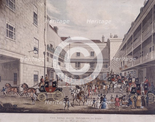 Royal Mail Coaches at Lad Lane, London, 1831. Artist: F Rosenberg