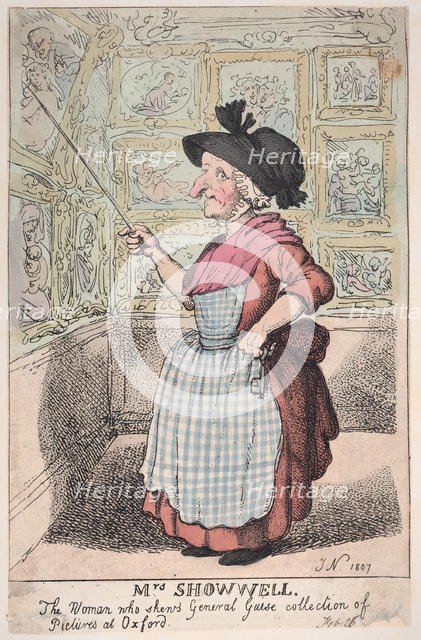 Mrs. Showell, the Woman who shows General Guise's Collection of Pictures at O..., February 26, 1807. Creator: Thomas Rowlandson.