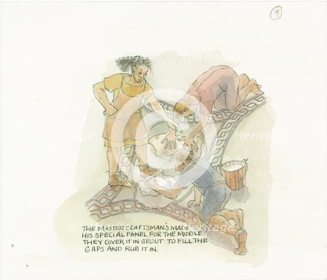 Two workers grouting a floor panel made and overseen by the master craftsman, 2003. Creator: Judith Dobie.