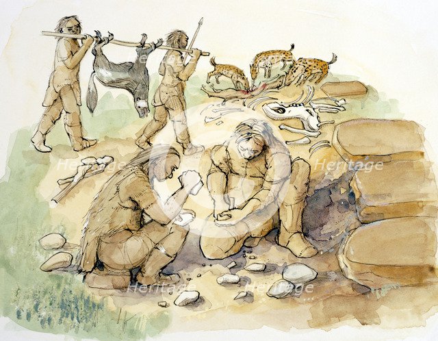 Hominids and Hyenas, Upper Paleolithic, (c1990-2010). Artist: Judith Dobie.