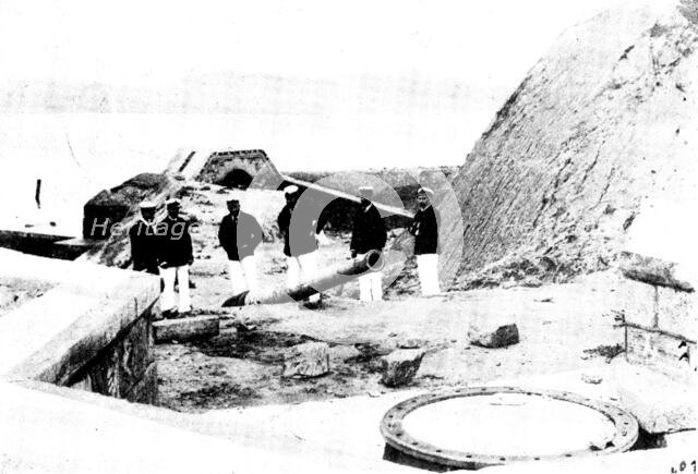 The Chinese Question: British officers viewing a dismounted gun...at Wei-Hai-Wei, 1895, (1898). Creator: James Fuller.