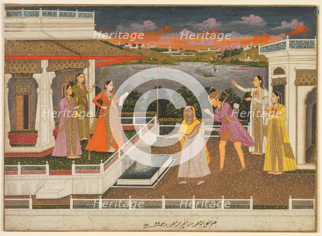 A blindfolded suitor is brought before a princess, 1755. Creator: Fayzullah (Indian, active c. 1730-1765).