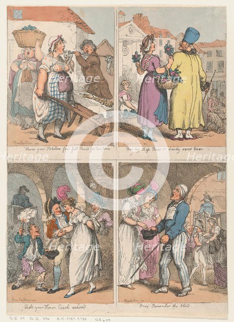 Four Scenes from "Cries of London" Series: Here's your Potatoes...; Buy my Moss ..., August 1, 1801. Creator: Thomas Rowlandson.