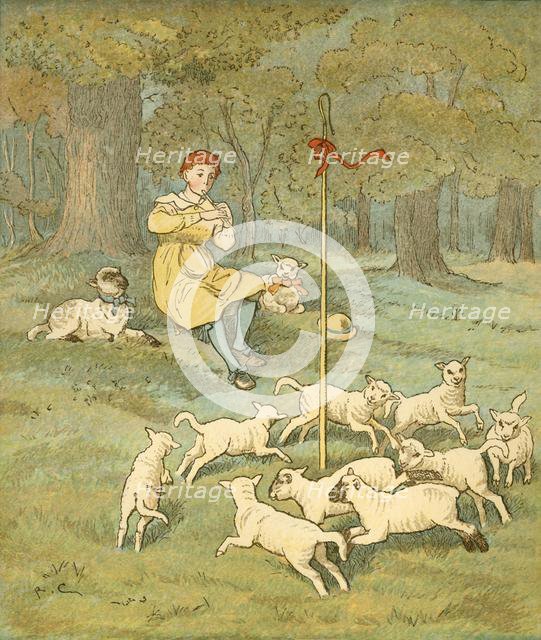 The Farmer's Boy plays his pipe as the lambs dance around his shepherd's crook, c1881. Creator: Randolph Caldecott.