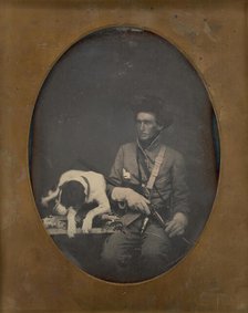 Untitled (Portrait of a Seated Man in Soldier Uniform with a Dog Lying to the Left of him), 1855. Creator: Unknown.