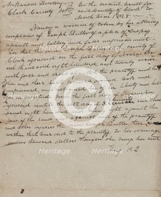 Nancy, a woman of color or negro vs Joseph Butler Clark County, Arkansas Territory, c1828-01. Creator: Unknown.