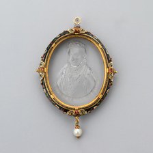 Pendant with Intaglio Portrait of Anna of Austria in Enameled Frame, France, 19th century (?). Creator: Unknown.