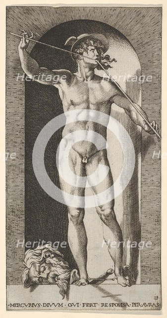 Plate 14: Mercury standing in a niche playing his pipes, with the severed head of an old m..., 1526. Creator: Giovanni Jacopo Caraglio.