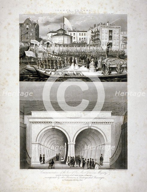 Two views of the Thames Tunnel, commemorating the visit by Queen Victoria, London, 1843. Artist: T Brandon