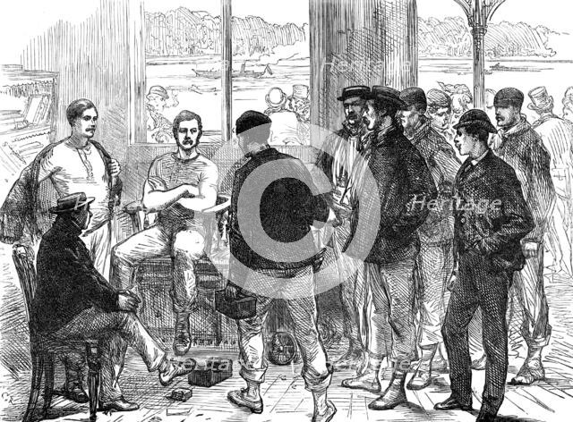 The Universities' Boat-Race on the Thames: weighing the crew, 1874. Creator: Unknown.