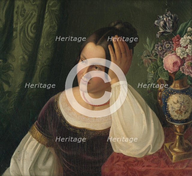 Young woman with vase of flowers, 1841. Creator: Imrich Emanuel Roth.