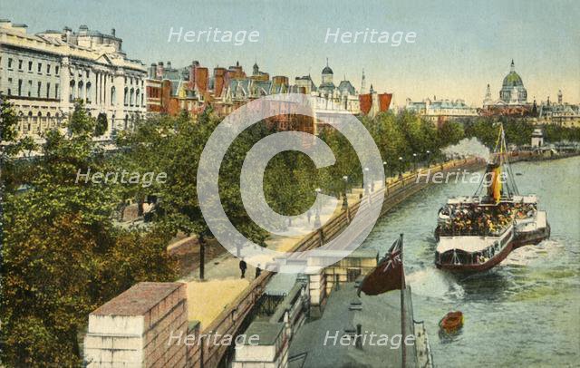The Victoria Embankment, and steamship on the River Thames, London, c1910.  Creator: Unknown.